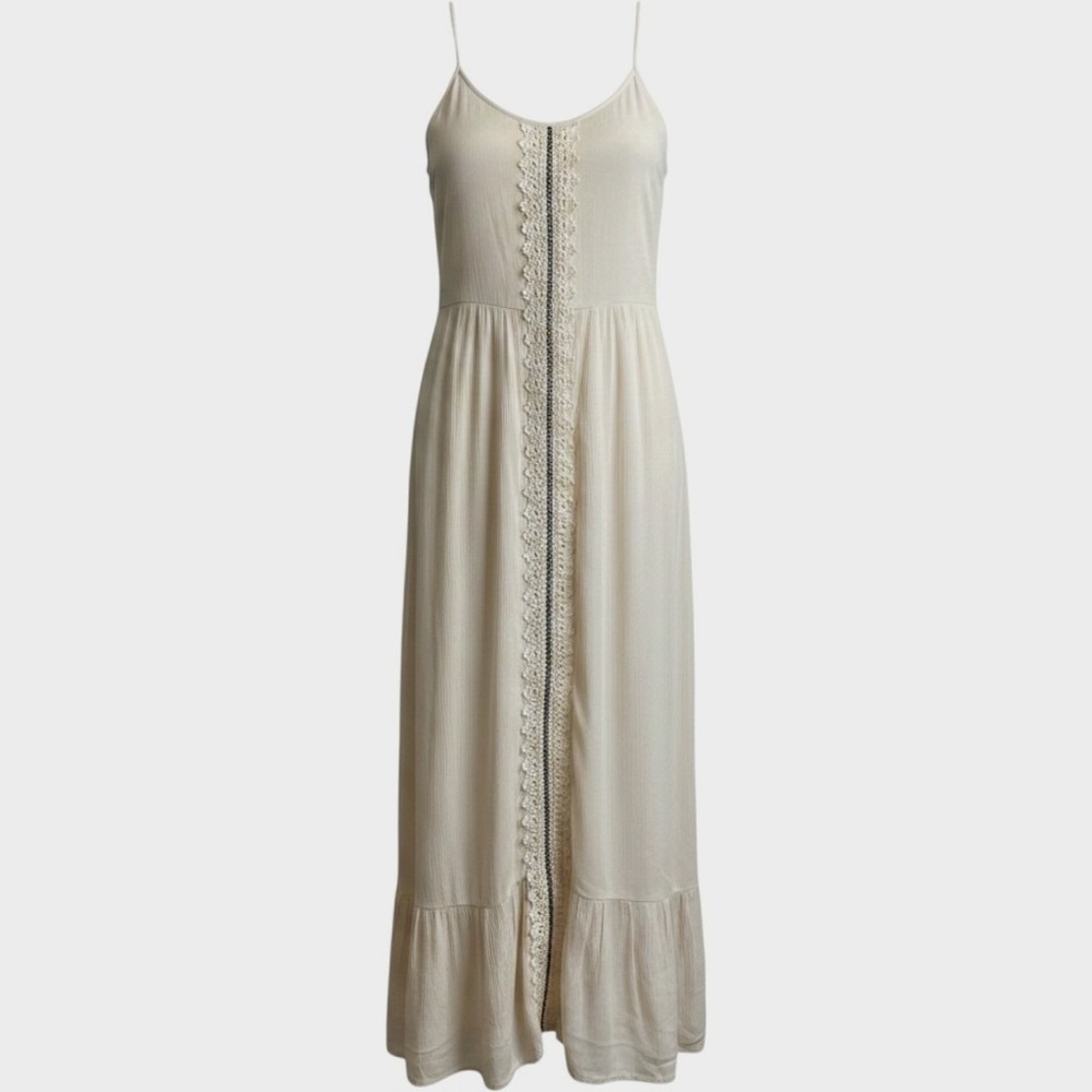 Soieblu Maxi Dress Womens L Cream Boho Lace Trim Ruffle Hem Tiered  V Neck Strap